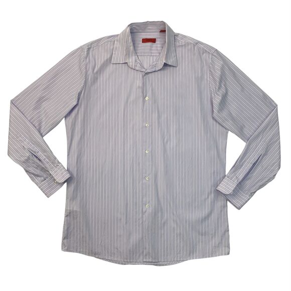 Hugo Boss Shirt Mens 16.5 Purple Striped Cotton Long Sleeve Button Up Collared - Picture 1 of 12